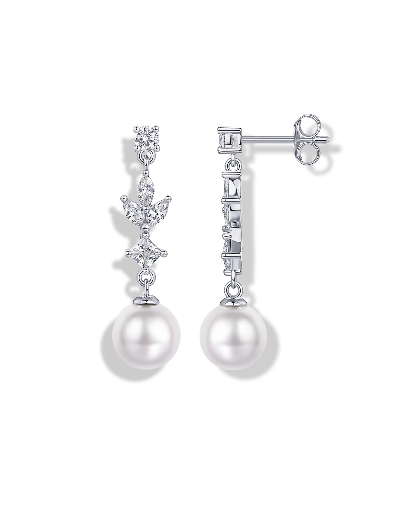 PAVOI Rhodium Plated Pearl Drop Earrings for Women - 925 Sterling Silver Posts Large Dangle Pearl Wedding Earrings for Brides & Bridesmaids - Cubic Zirconia Crystal Linear Bridal Jewelry Gifts