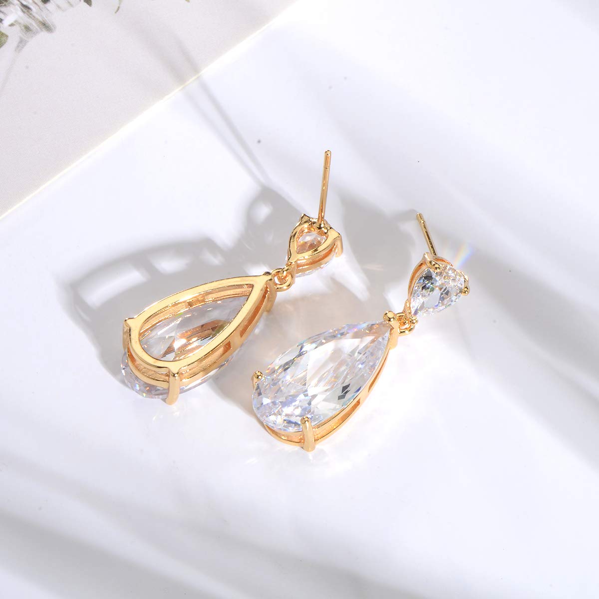 Bridal Jewelry Set for Wedding - 18k Gold Plated Teardrop Cubic Zirconia Crystal CZ Rhinetstone Diamond Necklace Earrings Set for Bride Bridesmaids Mother of Bride Prom Party Formal Jewelry for Women
