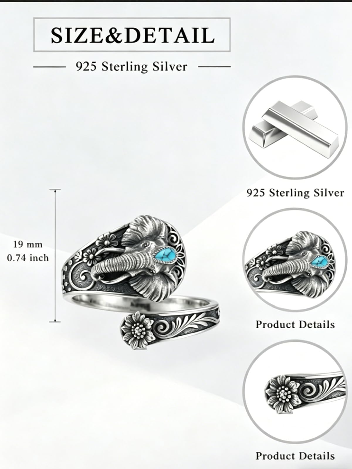 Midari Western Elephant Spoon Rings for Women 925 Sterling Silver Adjustable Elephant Turquoise Rings Boho Style Open Spoon Thumb Rings Elephant Jewelry for Women Men