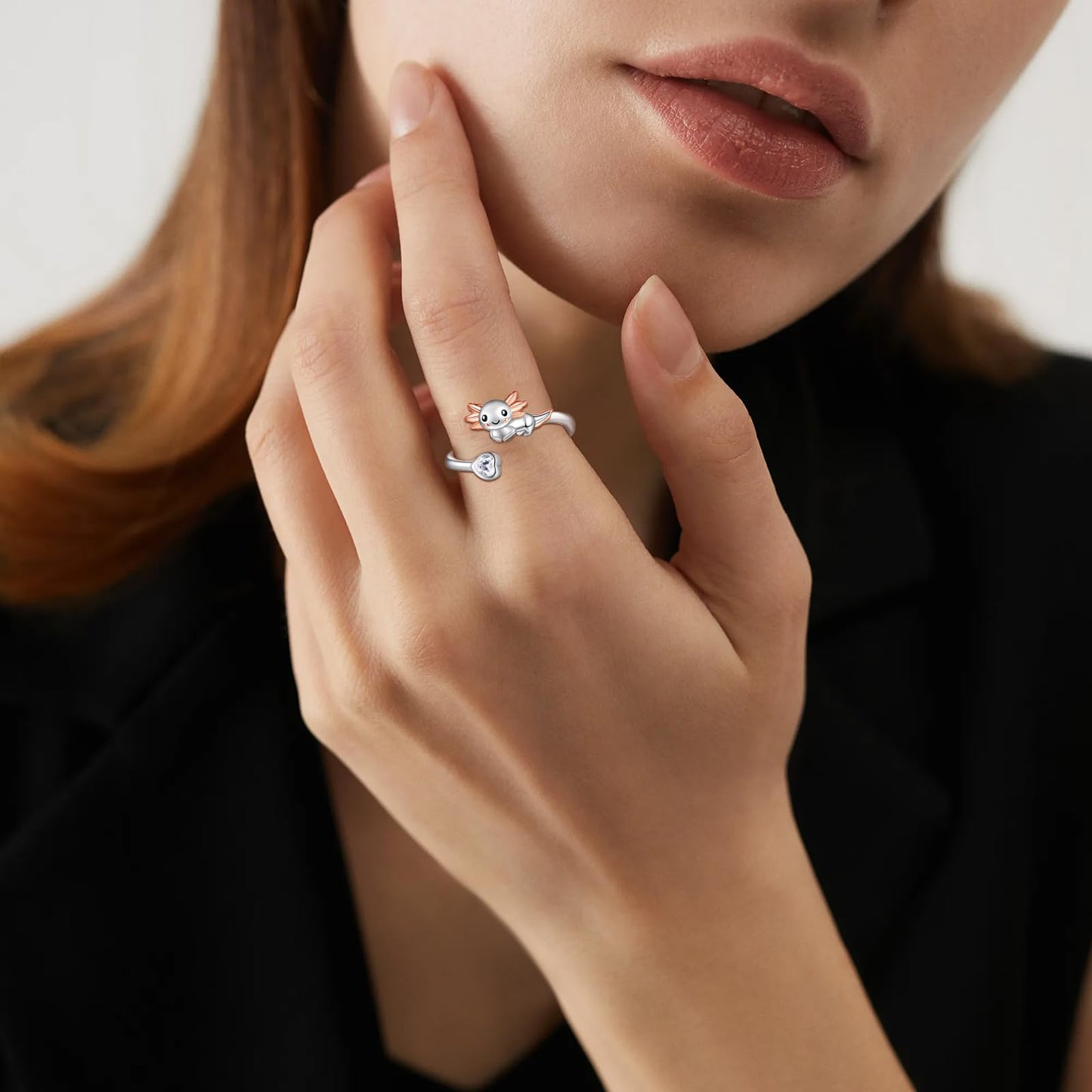 Zepmais 925 Sterling Silver Animal Ring - Adjustable Open Owl Axolotl Rings with Heart Cubic Zirconia Opal Cute Animals Jewelry Gifts for Women (Axolotl Ring)