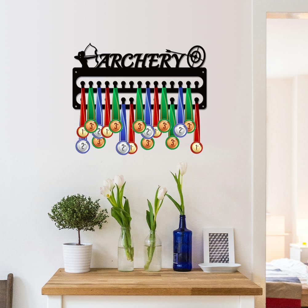 SUPERDANT Archery Medal Hanger Display Sports Medal Holder Wall Mount Archery Medals Hanging 30 Hooks Matte Black Metal Display Rack Iron Race Ribbon Award Organizer Gifts for Athletes 15.7x7.9in