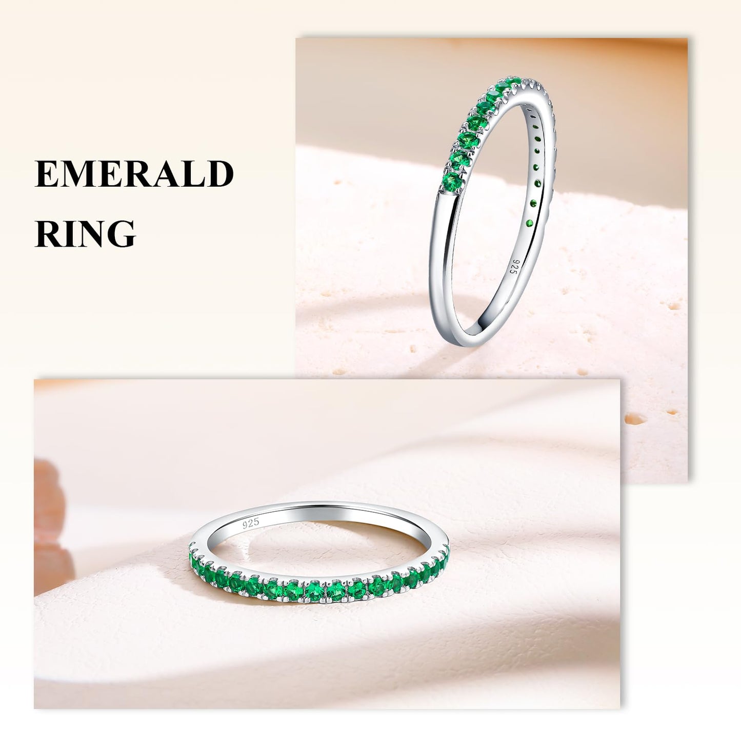 AGRULE Emerald Eternity Band Silver Wedding Rings Men Women Sterling Silver Created May Birthstone Rings 0.3 Carat Green Stone Stackable Cocktail Ring Size 7