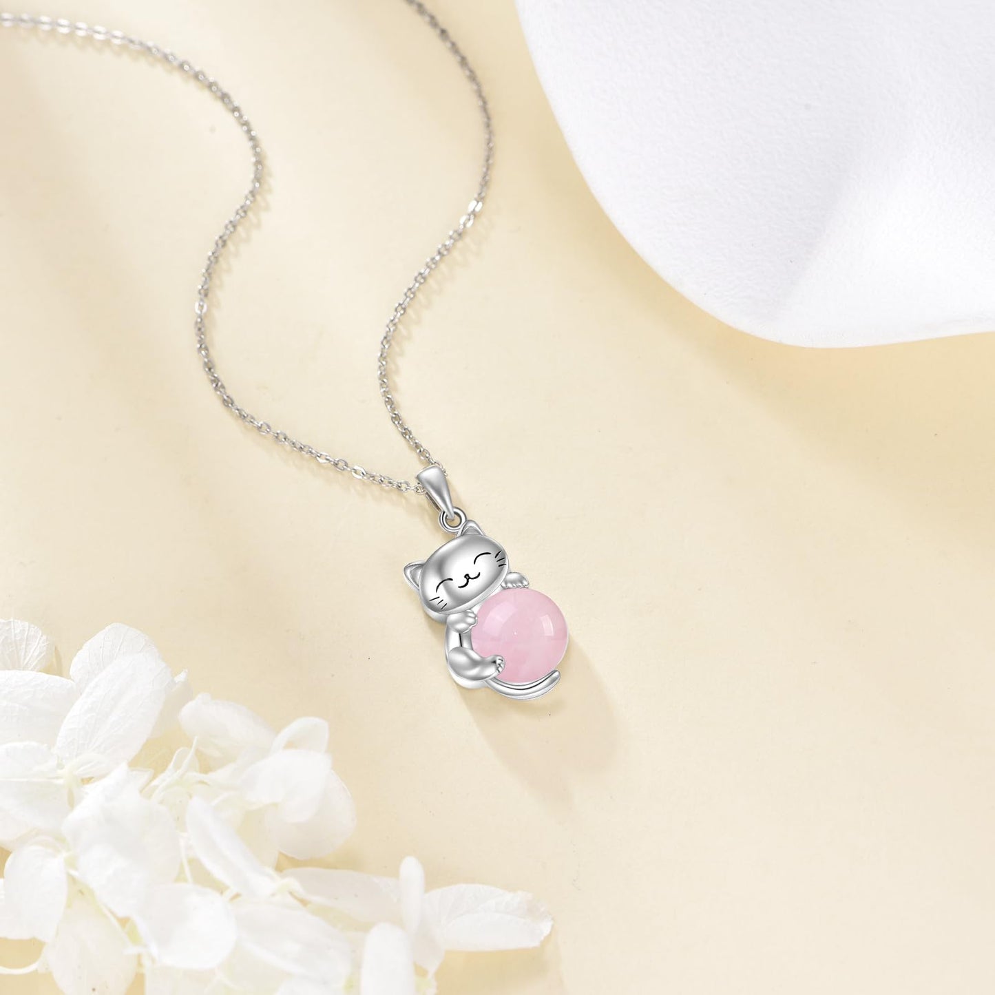 YAFEINI Cat Necklace 925 Sterling Silver Moonstone/Rose Quartz Pendant Jewelry for Women Cat Lovers (Rose Quartz)
