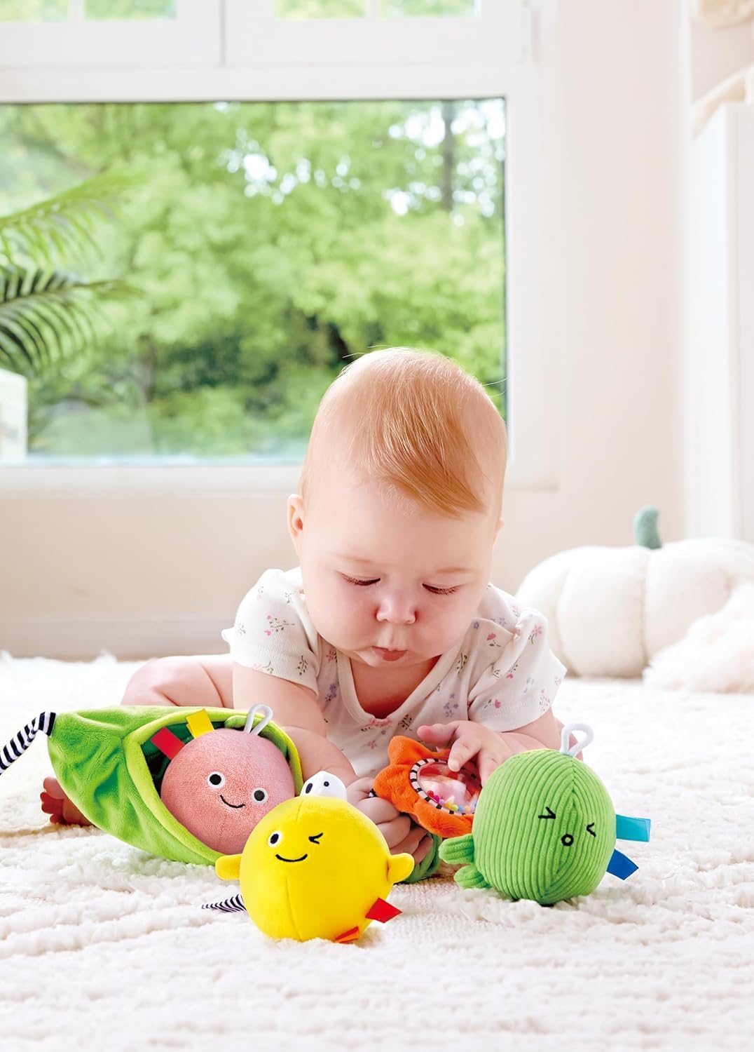 Hape Pea Pod Pals Sensory Baby Toy - 3 Textured Plush Peas with Sounds, Crinkle & Rattle, Stroller & Car Seat Travel Toy for Fine Motor Skills, Multi-Sensory Development for Babies 6 Months+