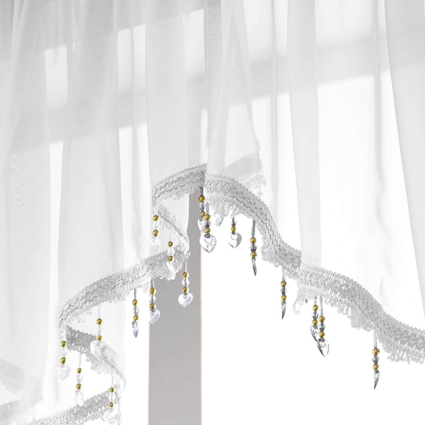 Beaded Triangle Sheer Valance Curtains for Living Room,Rod Pocket Farmhouse Window Valance, Bead Trim Tassel Voile Sheer Curtain Valance for Bedroom Bathroom Cafe 51x24 Inches (Ivory) 1PC
