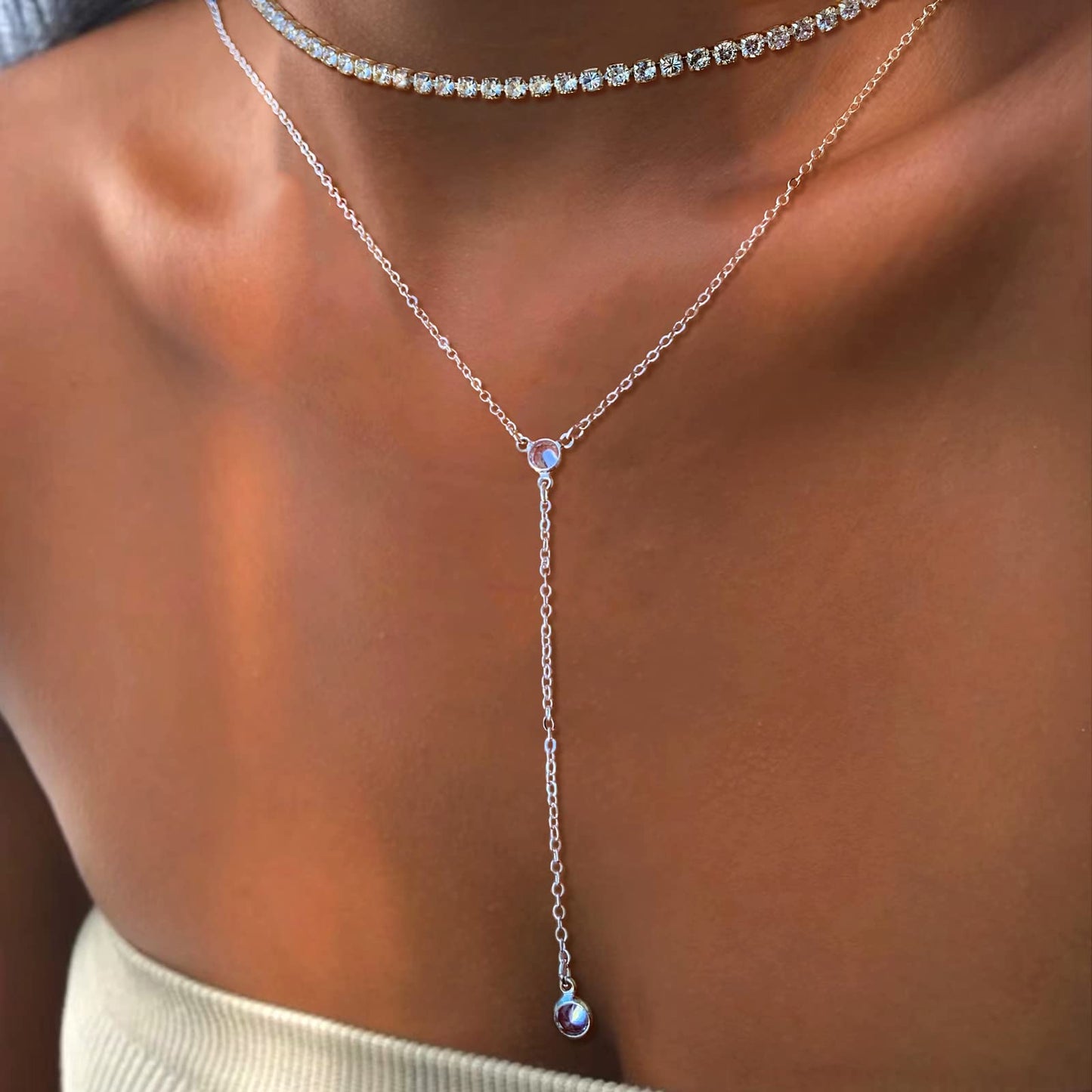 HERIER Lariat Silver Necklace for Women Silver Plated Dainty Long Y Necklaces CZ Pendant Drop Choker Necklace Trendy Simple Silver Jewelry for Women