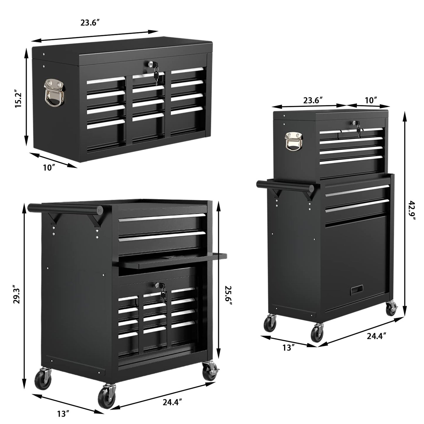 DUSACOM 8-Drawer High Capacity Rolling Tool Chest, Removable Cabinet Storage Tool Box with Wheels and Drawers, Detachable Toolbox with Lock for Workshop Mechanics Garage (Black)