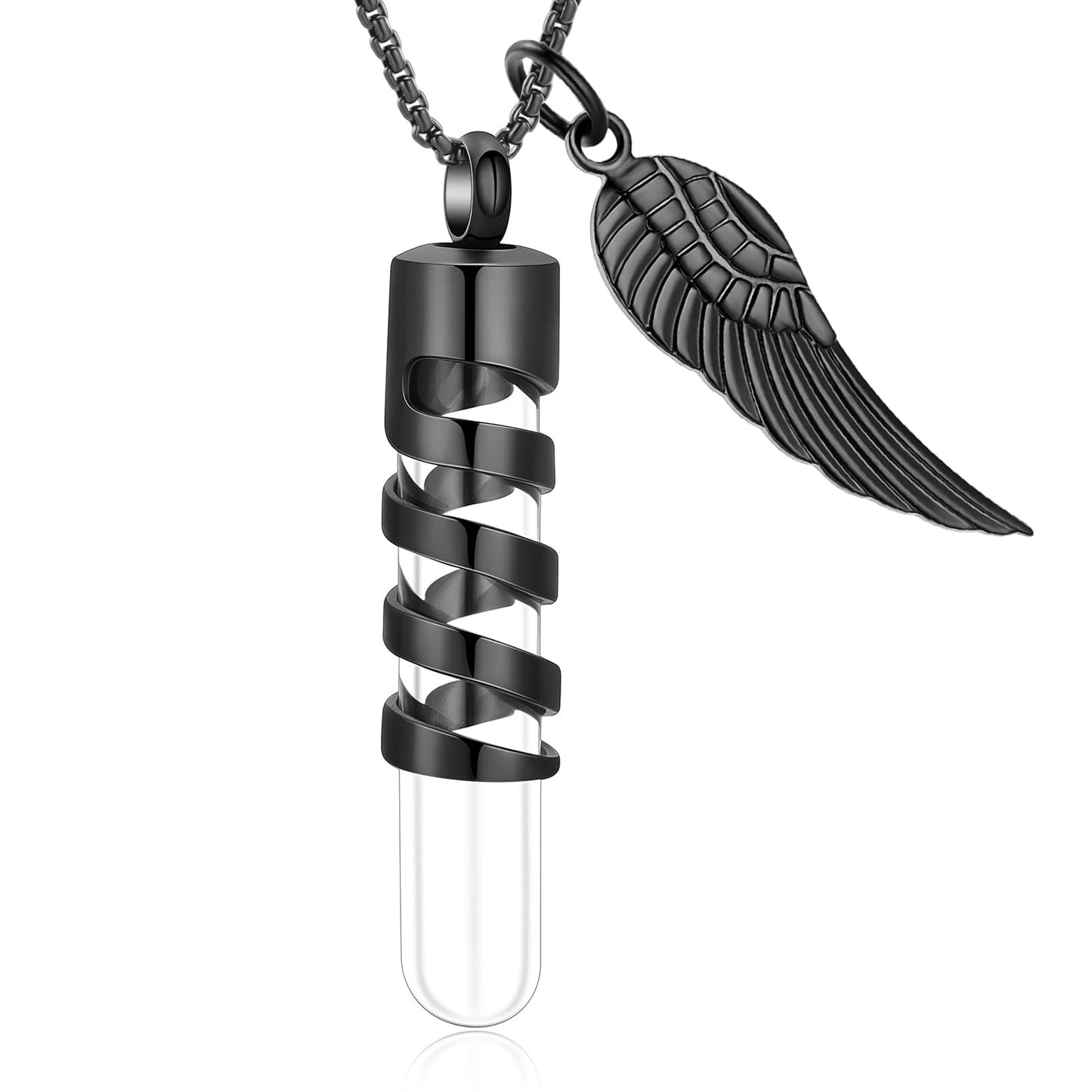 Oinsi Clear Glass Tube Cremation Jewelry for Men Women Ashes Holder Necklace Keepsake Cylinder Memorial Pendant Angel wings Urn Necklace (Black)