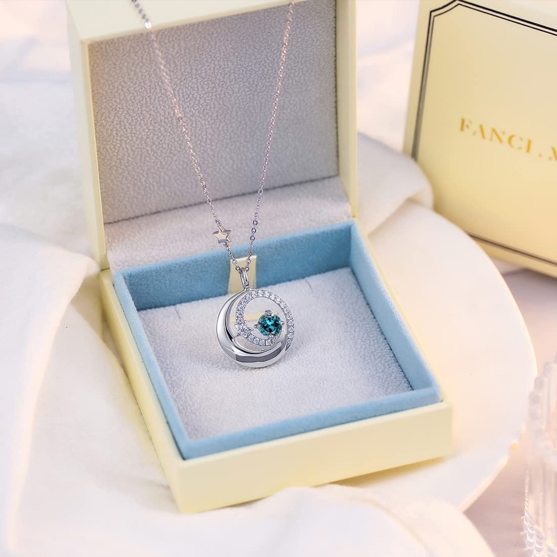 FANCIME London Blue Topaz Necklace with 925 Sterling Silver Moon Star Pendant, November December Birthstone Jewelry Birthday Anniversary Mothers Day Gifts for Women Mom Her, Adjustable Chain 16"+2"