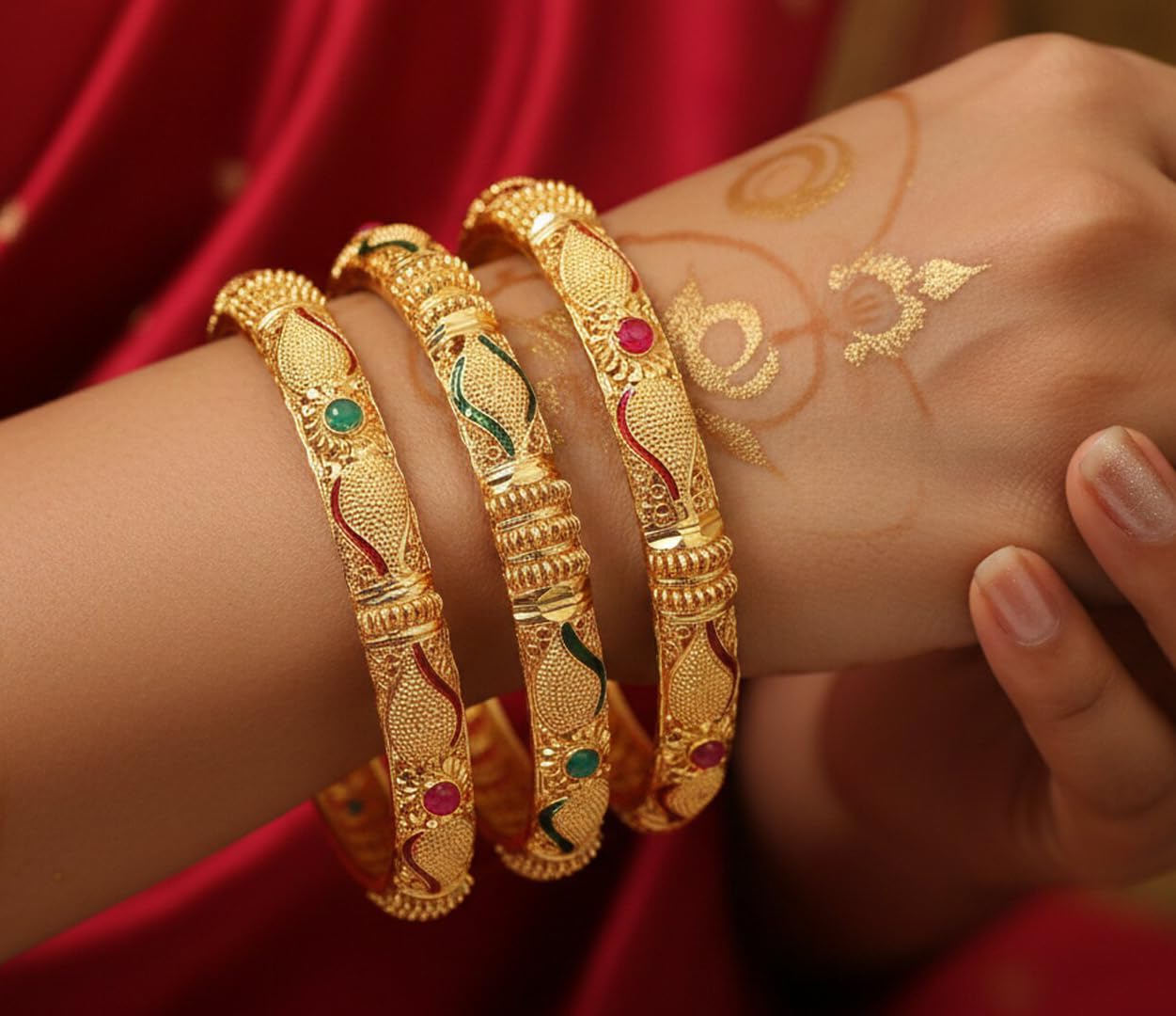 Touchstone "Golden Bangle Collection Indian Bollywood Desire Beautifully Carved Conch Shell Inspired Faux Ruby Emerald Thick Designer Jewelry Bangle Bracelets. Set of 4. In Gold Tone For Women