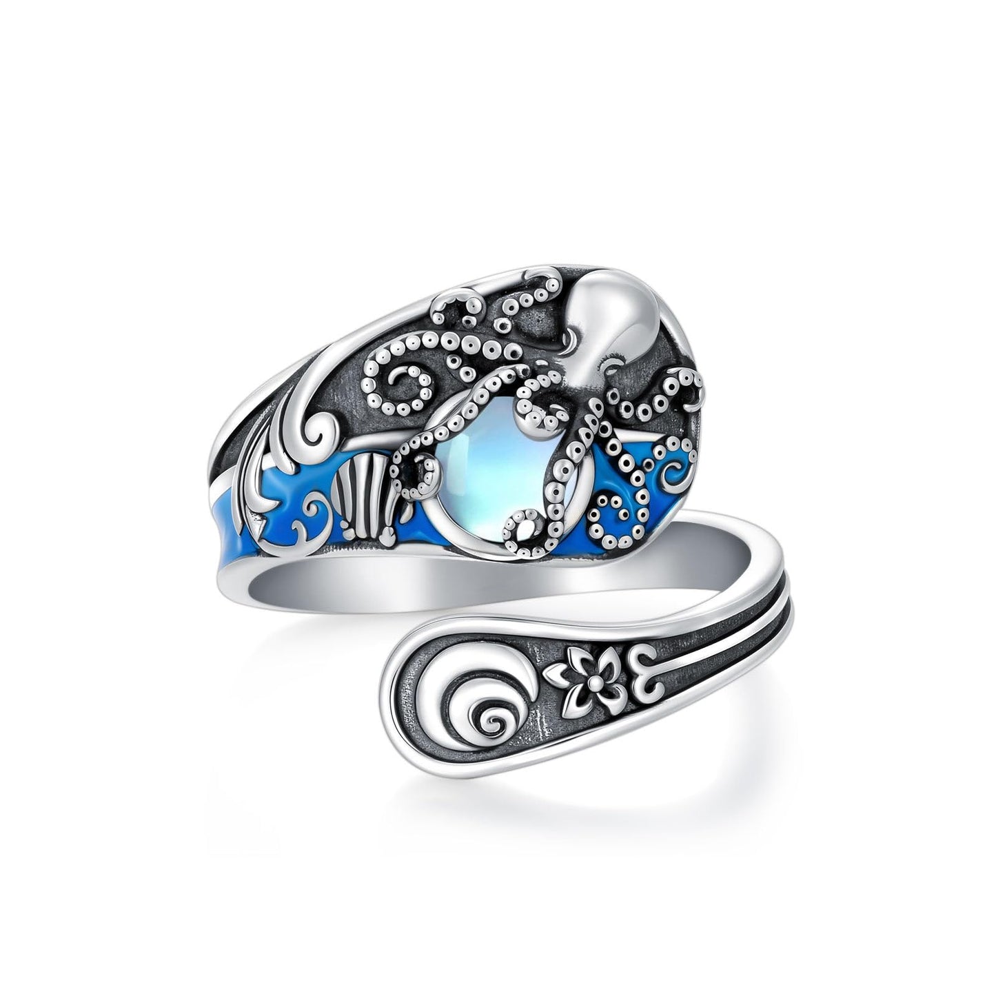 Midari Spoon Rings for Women 925 Sterling Silver Blue Octopus Adjustable Vintage Finger Thumb Rings Ocean Octopus Jewelry for Women Birthday Christmas Gift