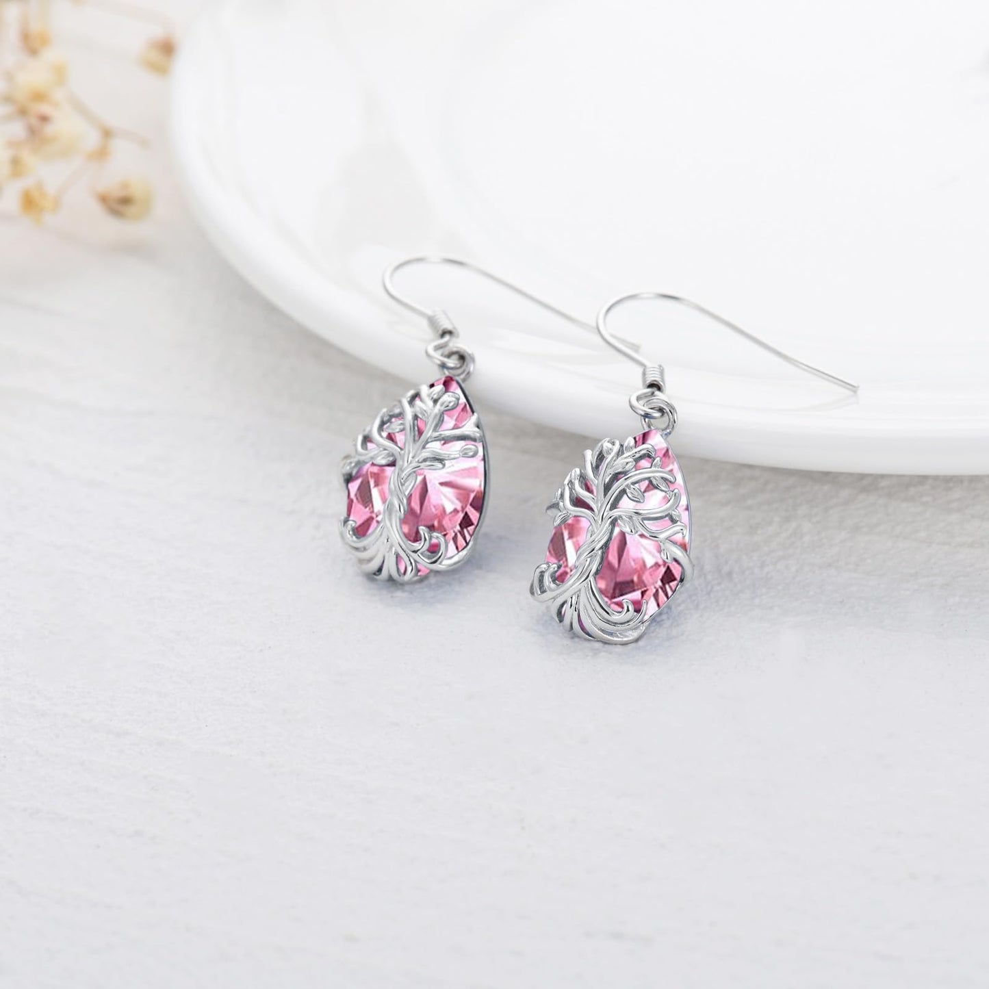 TOUPOP Pink Tourmaline Tree of Life Earrings Sterling Silver Teardrop October Birthstone Earrings Family Tree Pink Tourmaline Jewelry Birthday Mothers Day Gifts for Women Mom Her