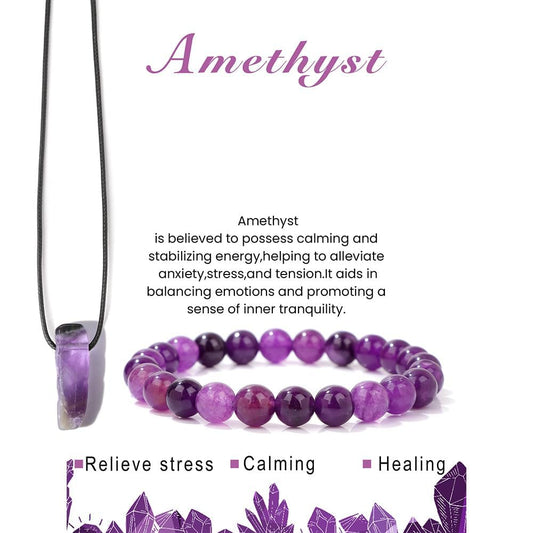 Pingyongchang Calming Yoga Bracelets Necklace Set, Crystal Stone Mantra Bracelets for Women, Natural Crystal Stone Birthday Gifts, Black Leather Necklace for Men-Amethyst