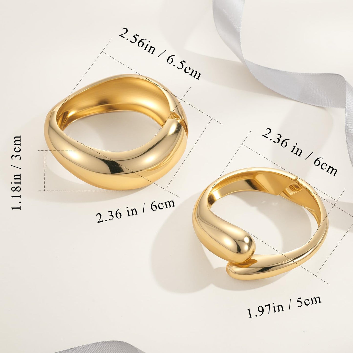 Yowivon Gold Bangles for Women, 2PCS Teardrop Chunky Gold Bracelet Set, Hinged Bangle Bracelets Stack for Women, Non Tarnish Bold Wrist Cuff, Trendy Jewelry Gifts for Christmas Valentine Birthday