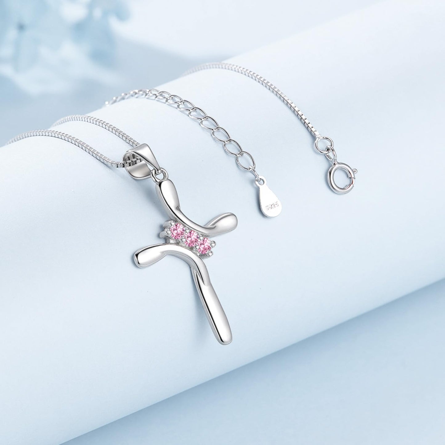 EVERU S925 Sterling Silver Cross Necklace for Women Birthstone Necklace with Cubic Zirconia 18K Gold Plated Cross Pendant Jewelry Ideal Gift Pink Tourmaline October