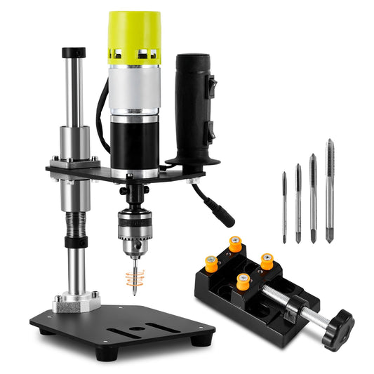 Consfly M3-M6 Electric Tapping Machine Vertical Tapping Tool with Bench Vice & 4 Taps Adjustable Tapper for Metal Wood Plastic 110V 100-200r/min