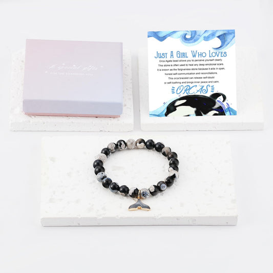ARHTF Orca Healing Bracelets for Women Orca Whale Gifts Orca Agate Crystal Bracelets Orca Gifts for Women Orca Tail Charm Orca Inspirational Gift (blackwhite 8mmorcajust)