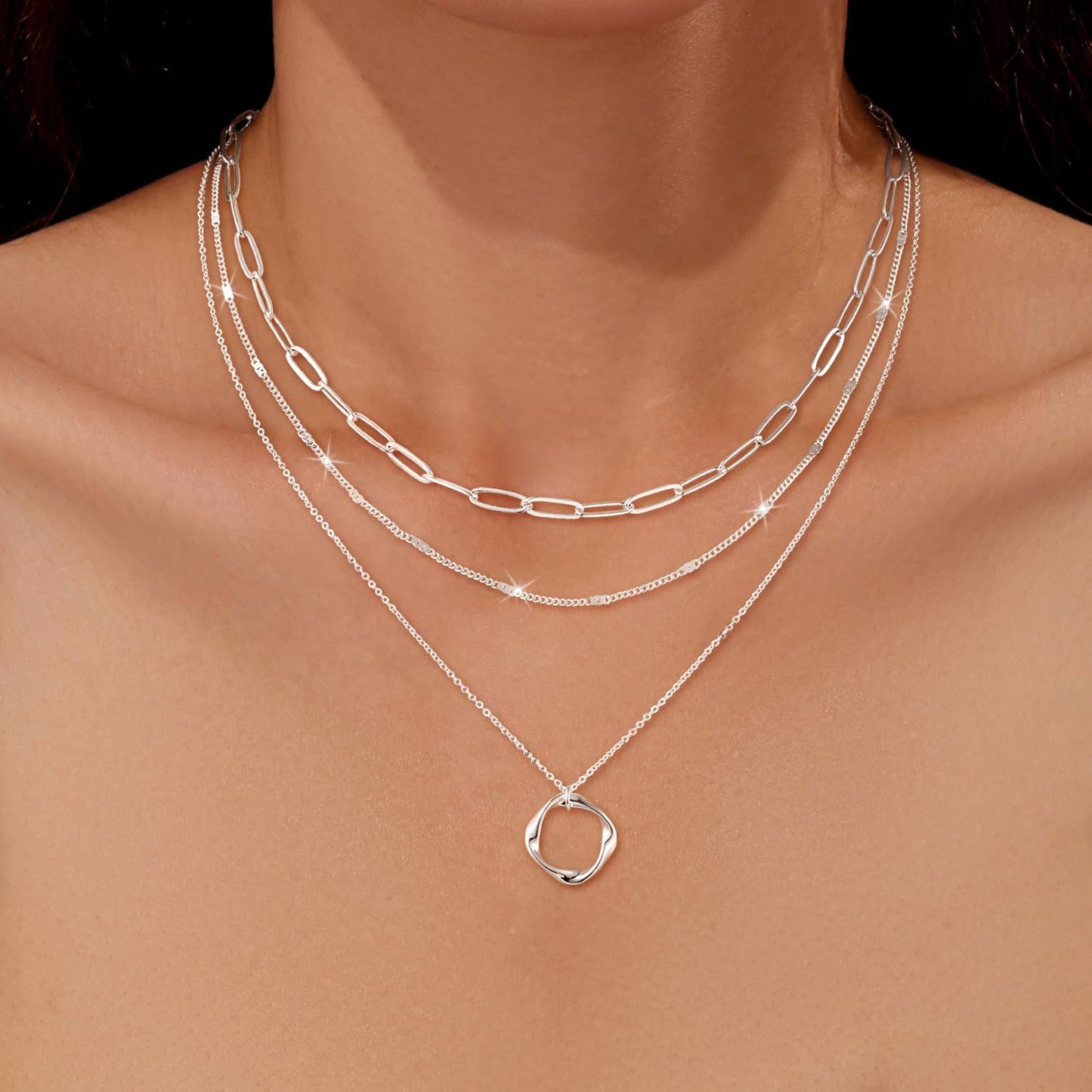 CHESKY Layered Silver Necklaces for Women Trendy, Silver Plated Dainty Stackable Charm Necklaces for Womens Layering Paperclip Chain Diamond Pendant Necklaces Jewelry Set for Women Gifts