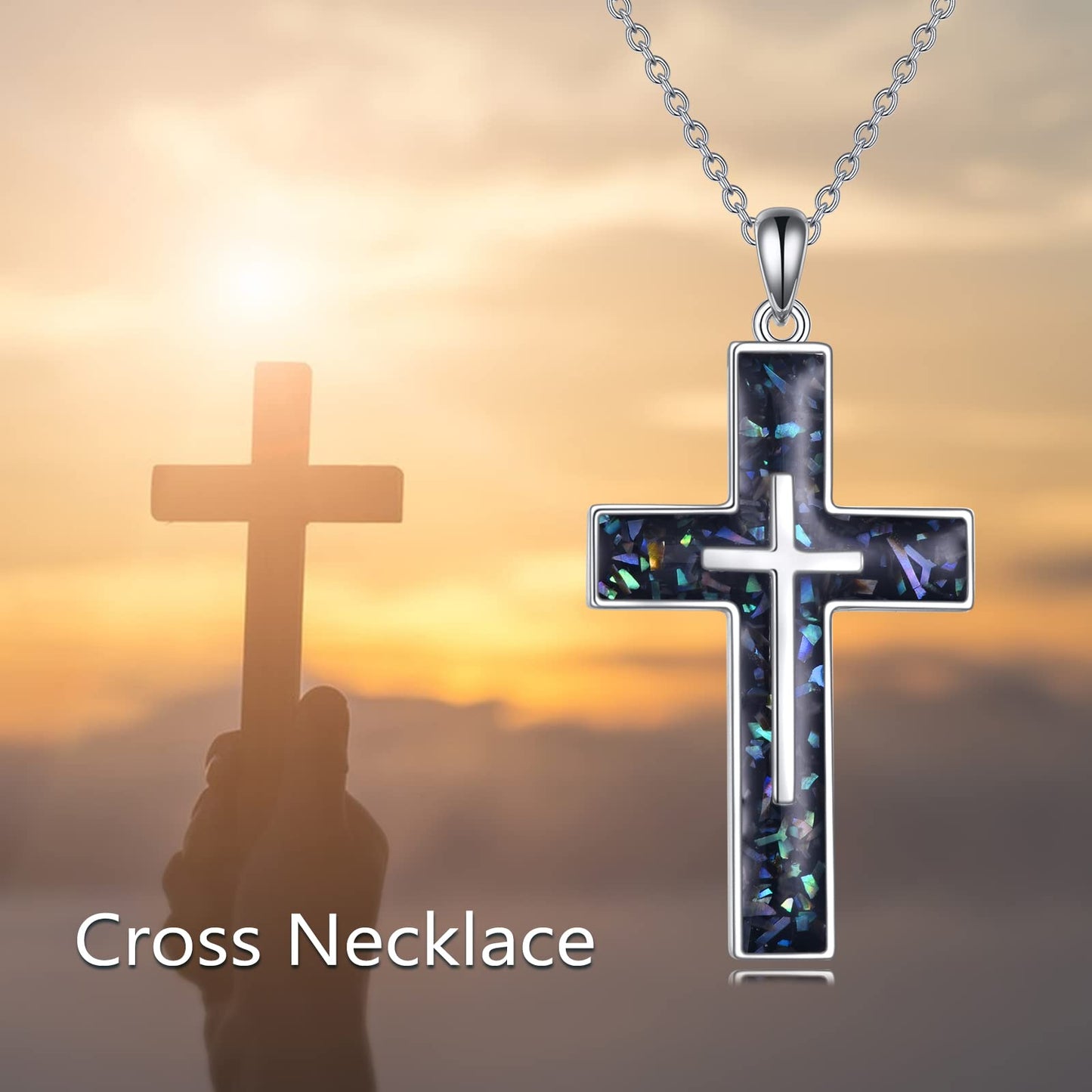 YFN Cross Necklace Sterling Silver Abalone Shell Cross Pendant Religious Jewelry Gifts for Women Men