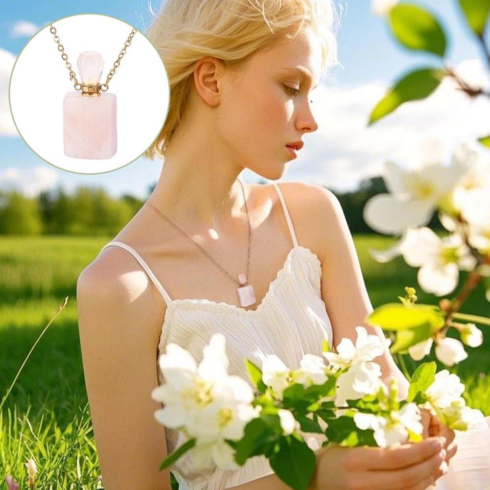 PH PandaHall Stone Perfume Bottle Necklace, Natural Rose Quartz Essential Oil Pendant Necklace Rectangle Crystal Vial Necklaces with Golden Chain for Women Jewelry, Pink, 1 Piece