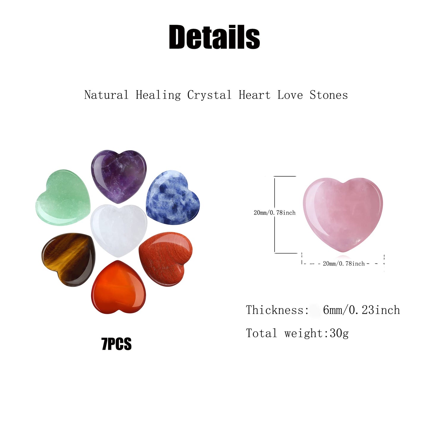 YATOJUZI 7 Chakra Natural Heart Healing Crystals Rose Quartz Amethyst Heart Love Stones Set Bulk Polished Pocket Palm Thumb Gemstones Chakra Reiki Balancing 0.8 inches