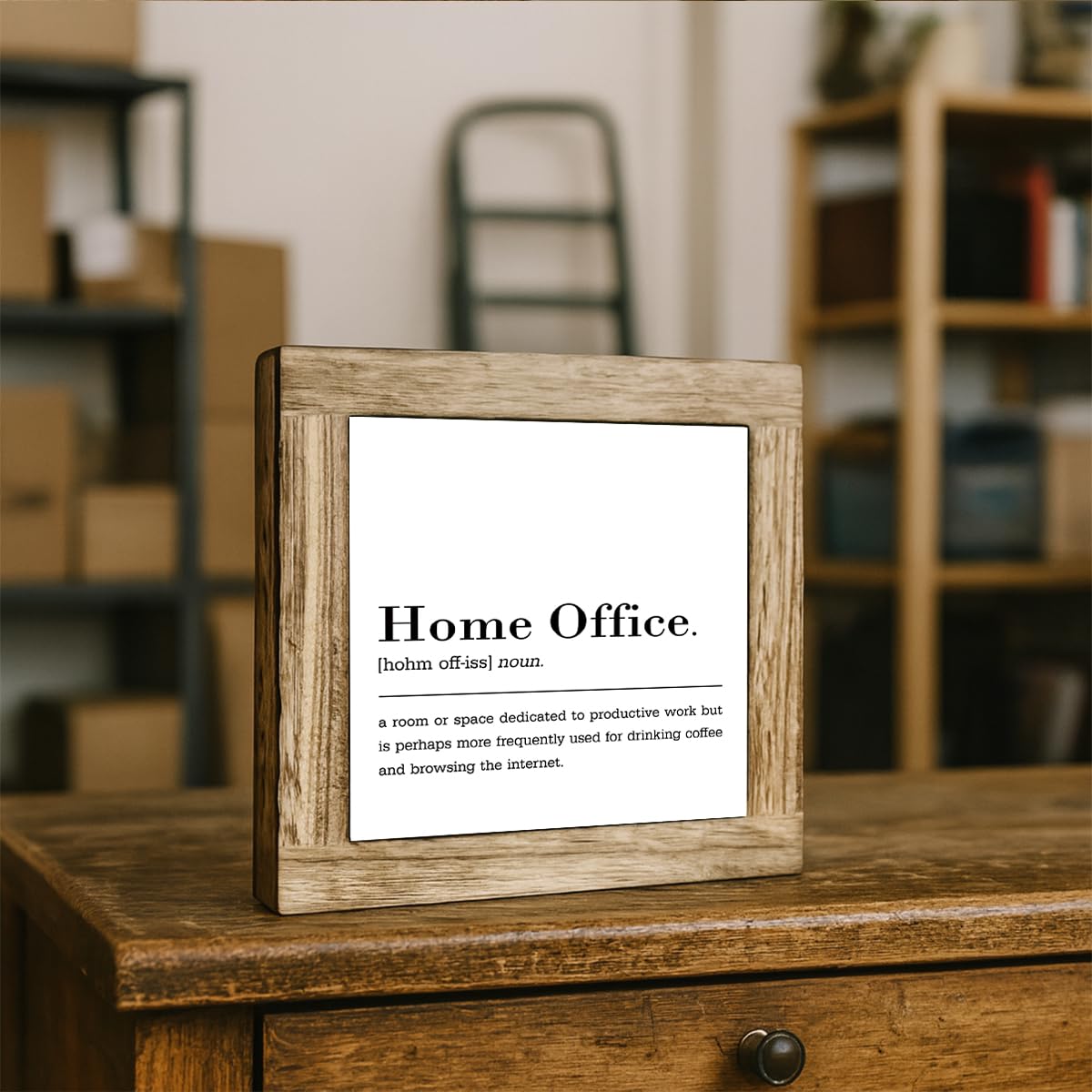 Home Office Noun Wooden Box Sign, Funny Office Table Top Desk Wood Block Plaque Signs, Country Style Desk Decorative Sign, Rustic Wooden Table Top Decor 5.9x5.9 Inches