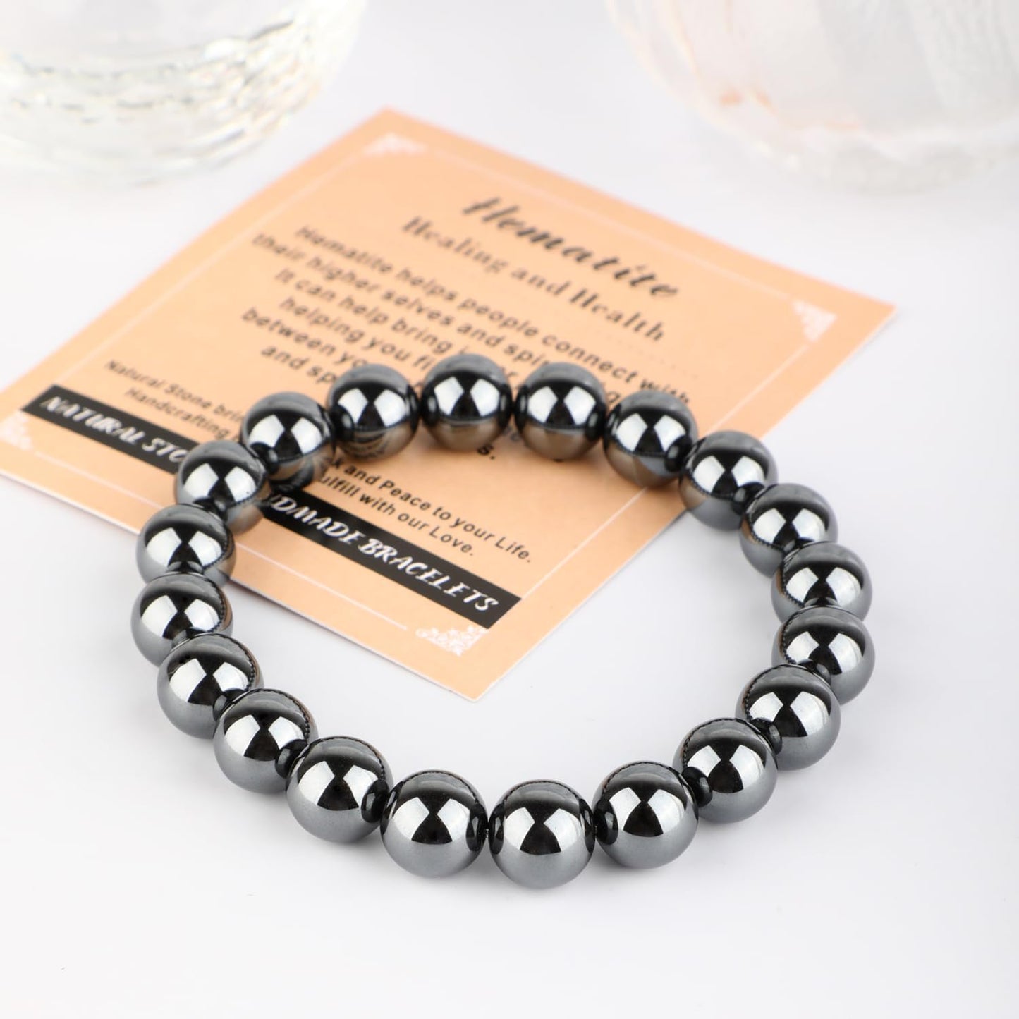 AD Beads 6mm Handmade Hematite Elastic Bracelet – Natural Gemstone for Healing and Health – Meditation, Yoga, Healing and Energy Gift for Men Women