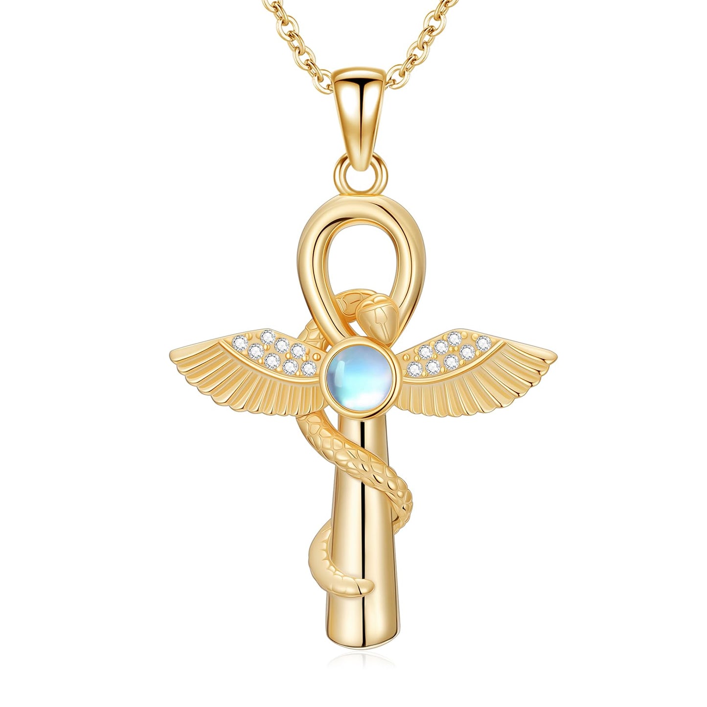 YEESIA Cross Necklace for Men Women, 925 Sterling Silver, Gold Anka Cross Pendant Necklace with Moonstone, Egyptian Protective Jewelry Gift for Men Women