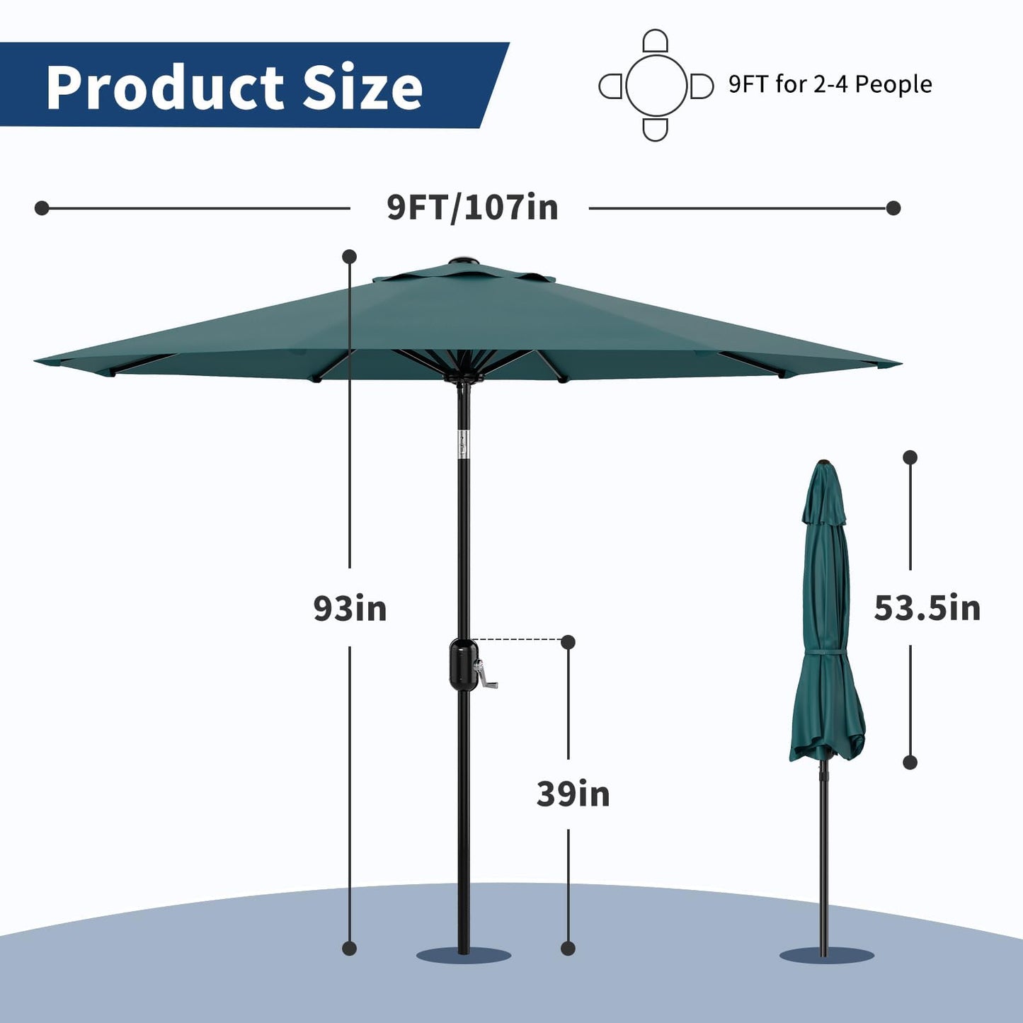 Garvee 9 ft Patio Umbrella - 8 Sturdy Ribs Outdoor Table Umbrella with Crank Lift & Push Button Tilt - Market Umbrella for Pool, Deck, Yard, Garden - Turquoise