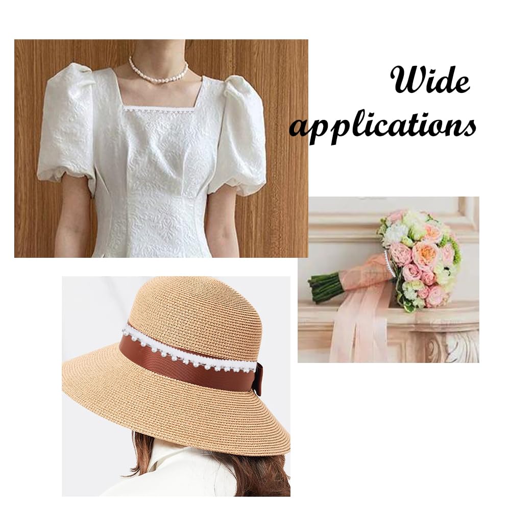 TNKBREEZE 100 Yards White Polyester Lace Trim with Attached Plastic Pearl Beads Decorative Ribbon for Adult Clothing Embellishment Dressmaking Costume Design and Special Occasion Accessories
