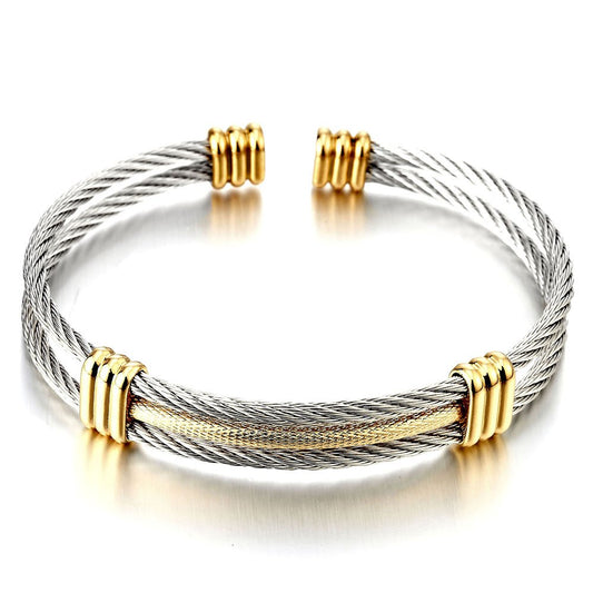 COOLSTEELANDBEYOND Two-Tone Twisted Cable Cuff Bracelet for Men Women, 316L Stainless Steel Silver Gold Bangle, Adjustable 7"–8.7" Wrist, Hypoallergenic, Comes in Gift Box