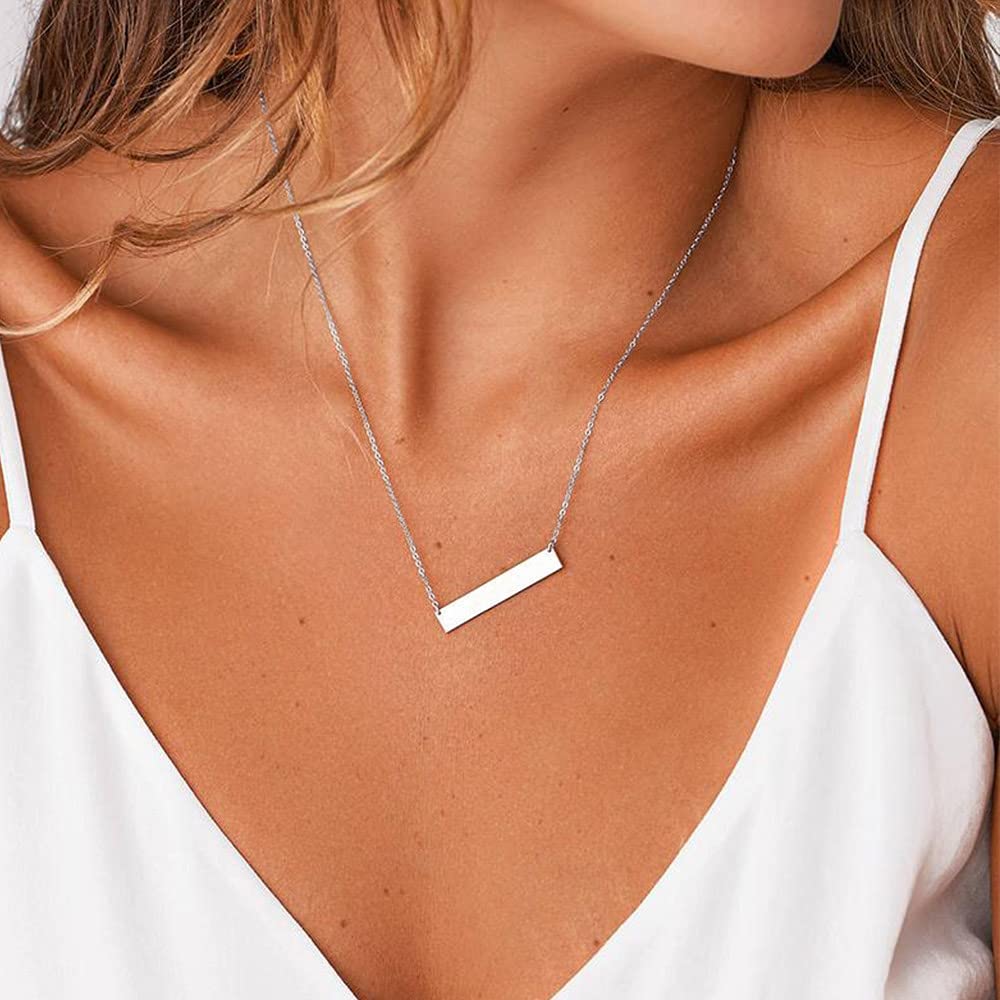 Silver Necklace for Women - Dainty Layering Simulated Pearls Bar Necklace Hammered Disc Pendant Silver Layered Necklaces for Women