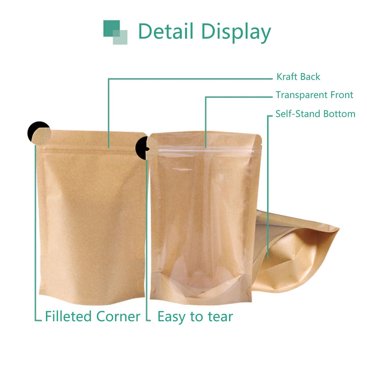 HIBCIGA 50pcs Kraft Bags With Window Clear Fornt Pouches Resealable Stand Up Zip Lock Food Storage Bags Brown 4.7"x7.8"