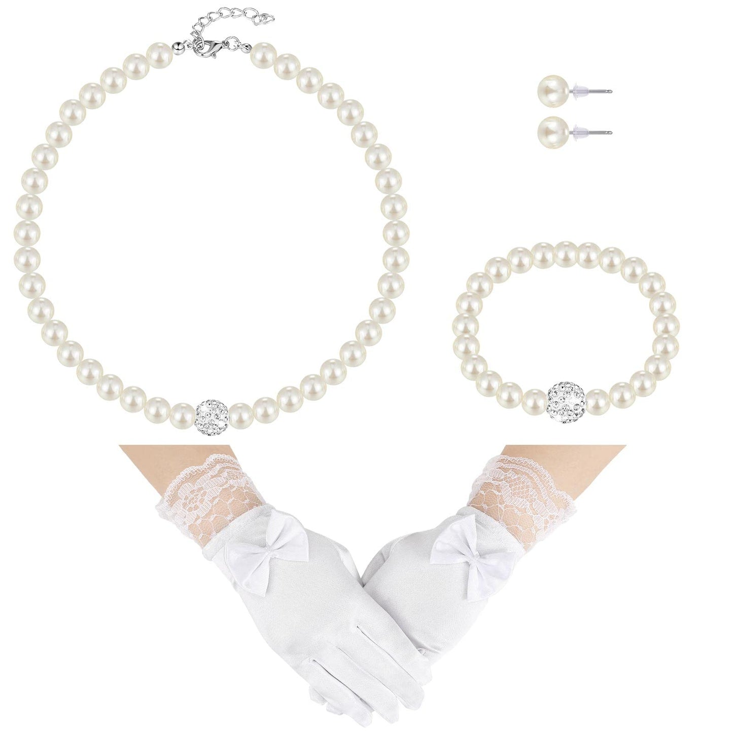 Geyoga 4 Pcs Pearl Necklace Set for Little Girls Toddler Girls Jewelry Communion Gloves for Kids Christmas Tea Party Wedding(Elegant Style,8-12 Years)