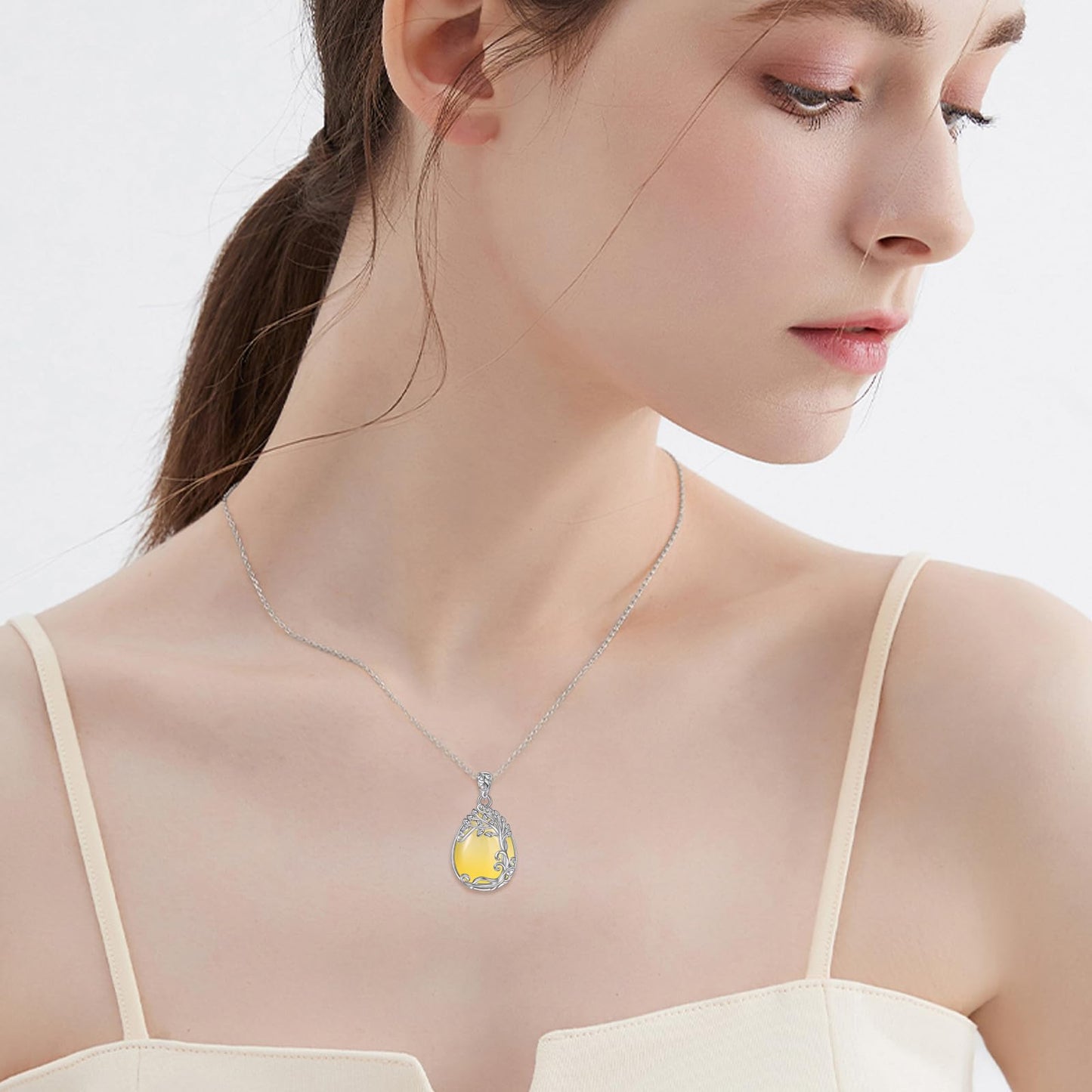 YAFEINI 925 Sterling Silver Yellow Agate Necklace Tree of Life Teardrop Pendant Necklace Jewelry for Women (LL-Tree of Life Yellow Agate Necklace)
