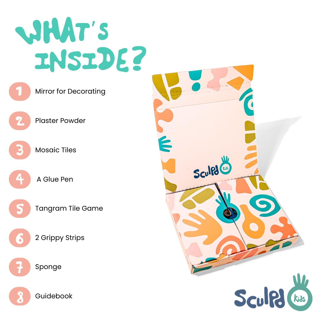 Sculpd Kids Mosaic Kit, Painting Craft Set for Kids Age 7+, Pottery, Includes Mosaic Tiles, 1 Tangram Tile Game, 2 Bags of Plaster, Additional Crafting Supplies & 1 Mirror, Montessori Education