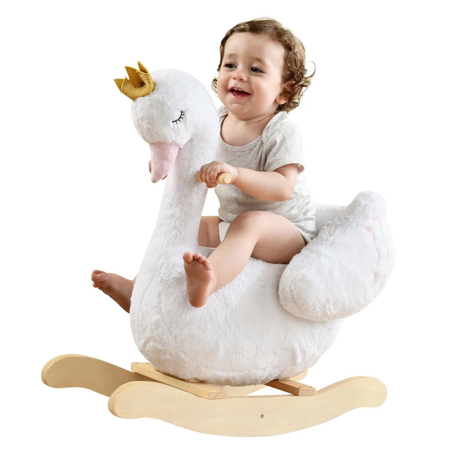 labebe Kids Rocking Horse White Swan, Stuffed Animal Wooden Rocker for Children 6 Months Boys and Girls/Nursery Christmas, Birthday Gift (Rocking Swan)