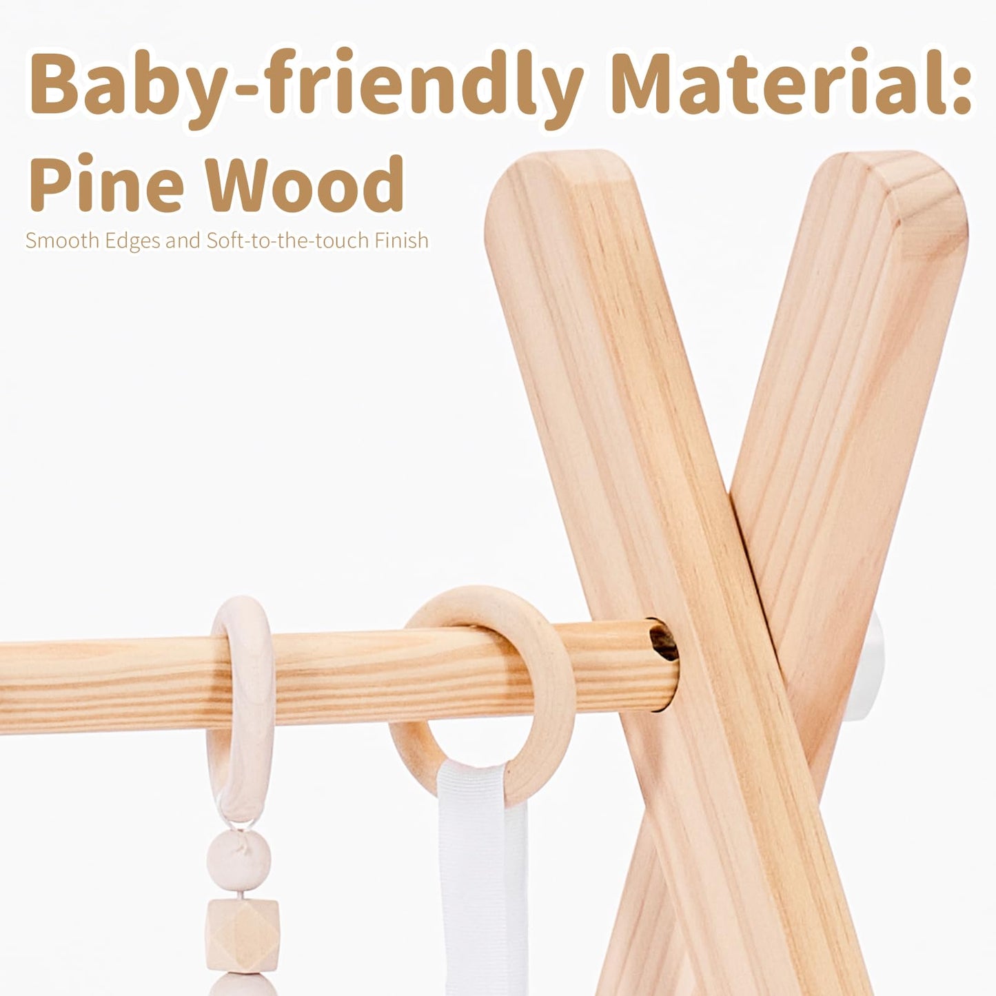 Foldable Wooden Baby Play Gym, Activity Center with 6 Sensory Hanging Toys Natural Wood Montessori Toys for Babies Indoor Gym, No-Tool Assembly Newborn for Infant Motor Development