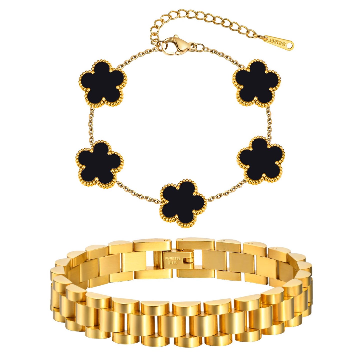 Stackable Gold Floral Bracelets Set , 2pcs 18K Gold Plated Bracelet Non-Tarnish,Stainless Steel Link Chain Friendship Bracelet,Watch Band Trendy Jewelry,Christmas Valentines Birthday Gifts for Women