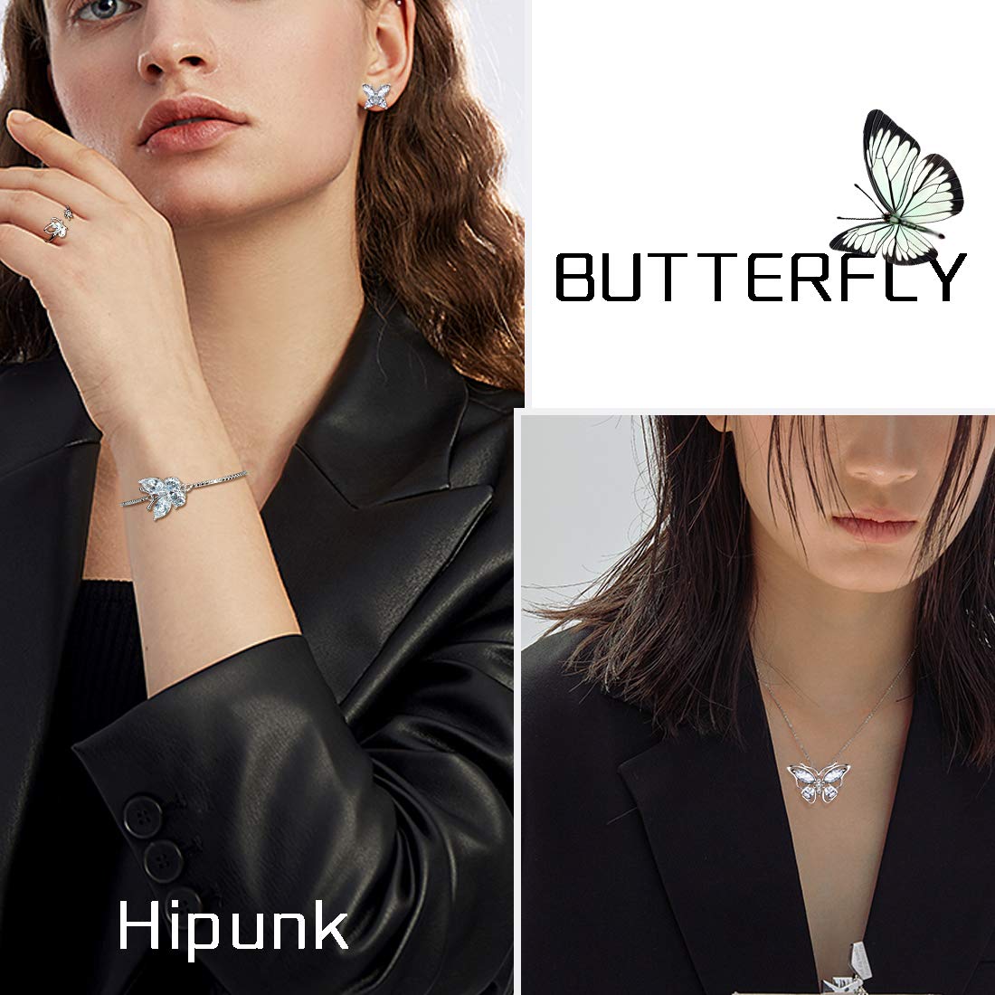 Hipunk Butterfly White Jewelry Sets Birthstone Women 925 Sterling Silver April-Diamond Birth Stone Animal Butterflies Jewelry Sets/Earring/Ring/Bracelet Set Crystal Birthday Jewelry SS0003W