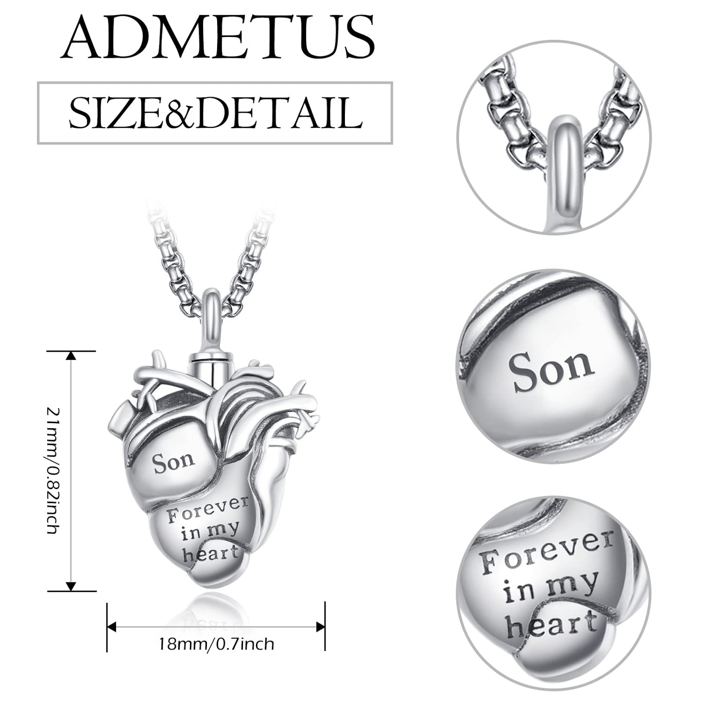 Personalized Anatomical Heart Urn Necklaces for Ashes Sterling Silver Ash Pendants Cremation Jewelry Son Keepsake Pendant Memorial Jewelry Gifts for Loss of Son