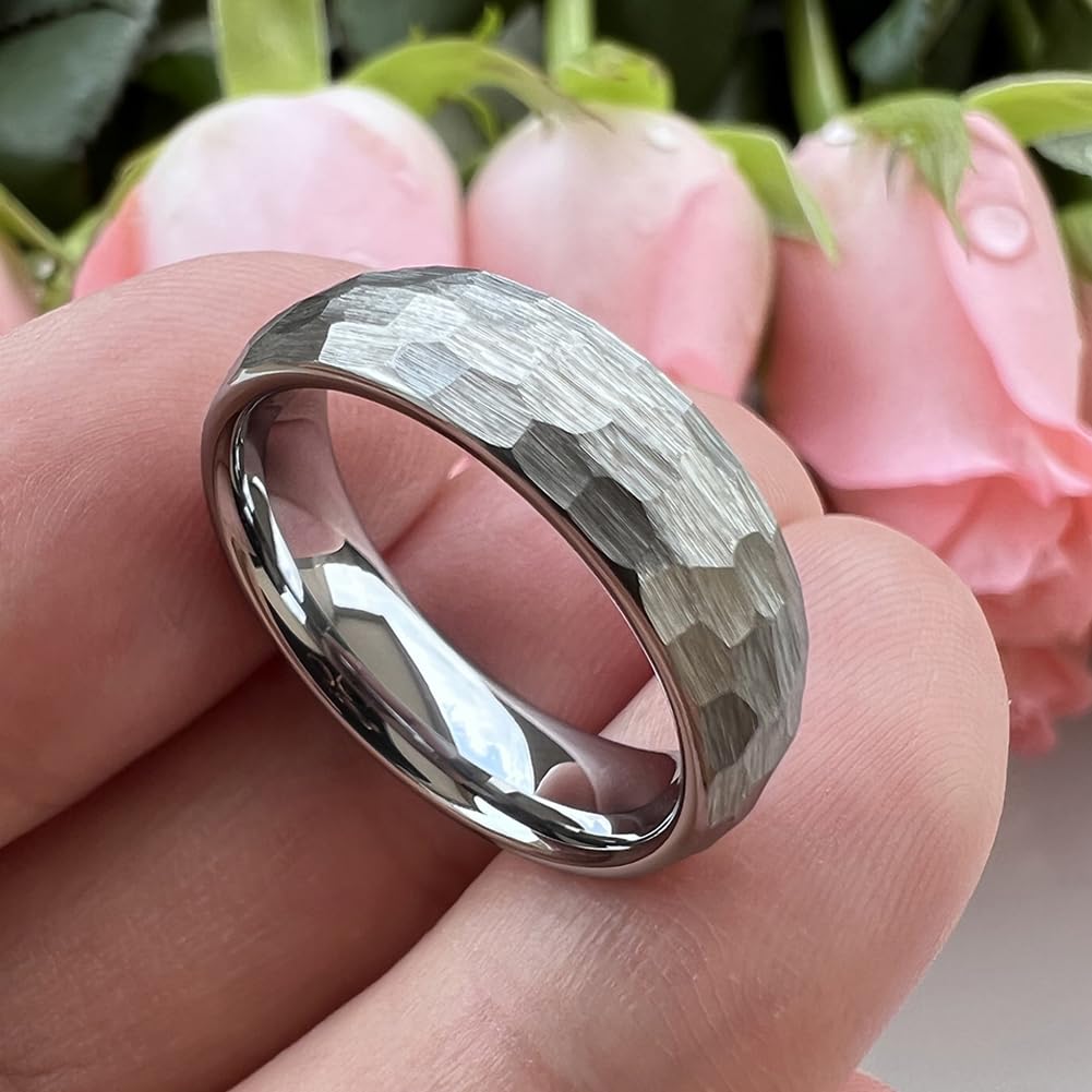 TUTISS 6mm Hammered Tungsten Carbide Rings for Men Women Engagement Wedding Bands Domed I Love You Engraved Comfort Fit Size 7