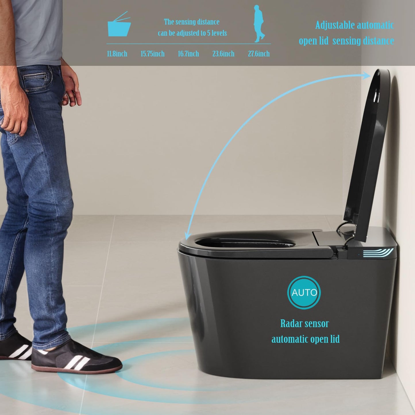 Black Smart Toilet with Auto Open/Close Lid, Modern Intelligent Tankless One Piece Toilet with Bidet Built In, Warm Water, Warm Air Drying, Self-Cleaning Heated Seat Toilet with Remote Control.