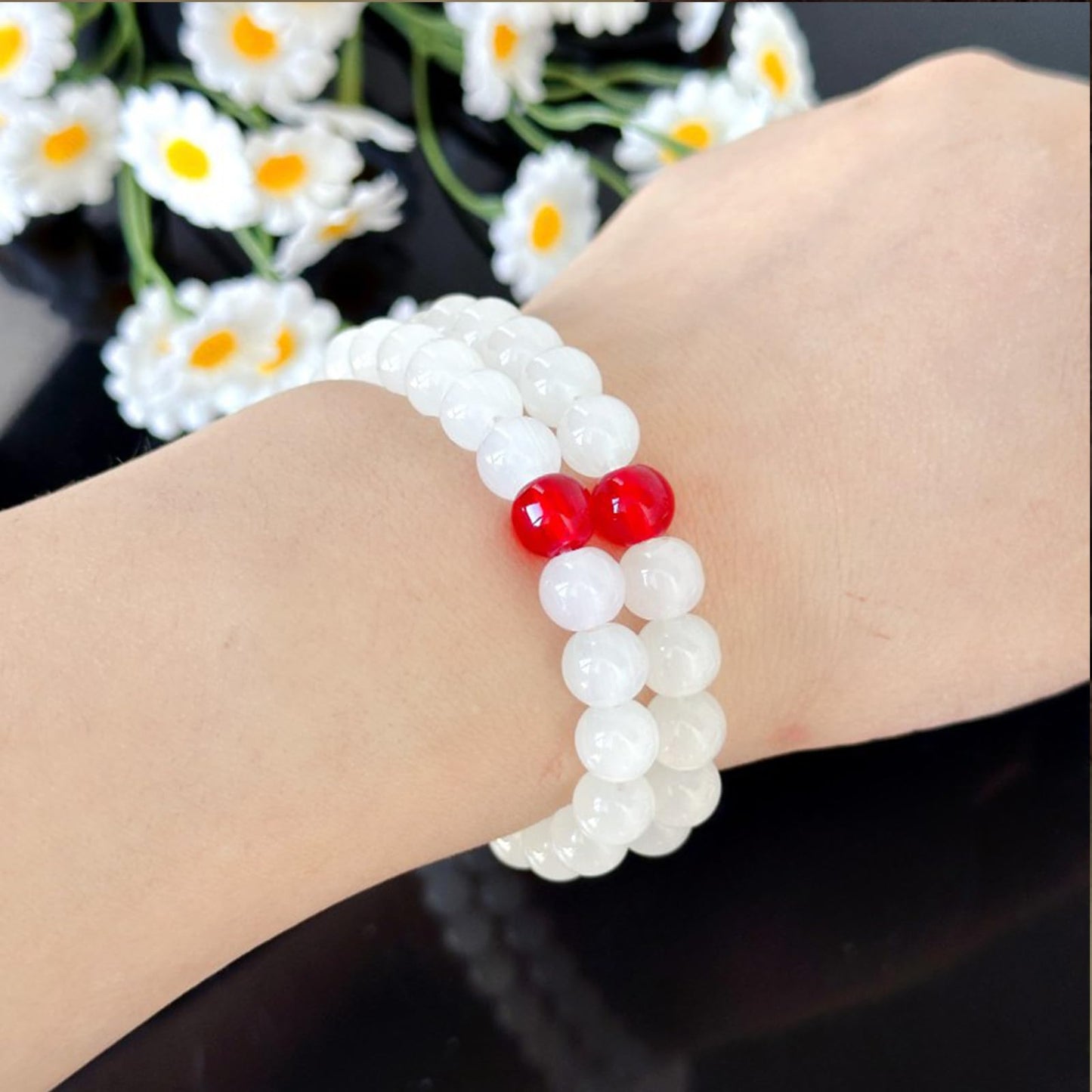 Cryhand White red Jade Bracelets For Men Protection Healing Crystal Bracelet For Women Spiritual Charms Stretchy 8mm Beaded Lucky Handmade Anxiety Braceletss