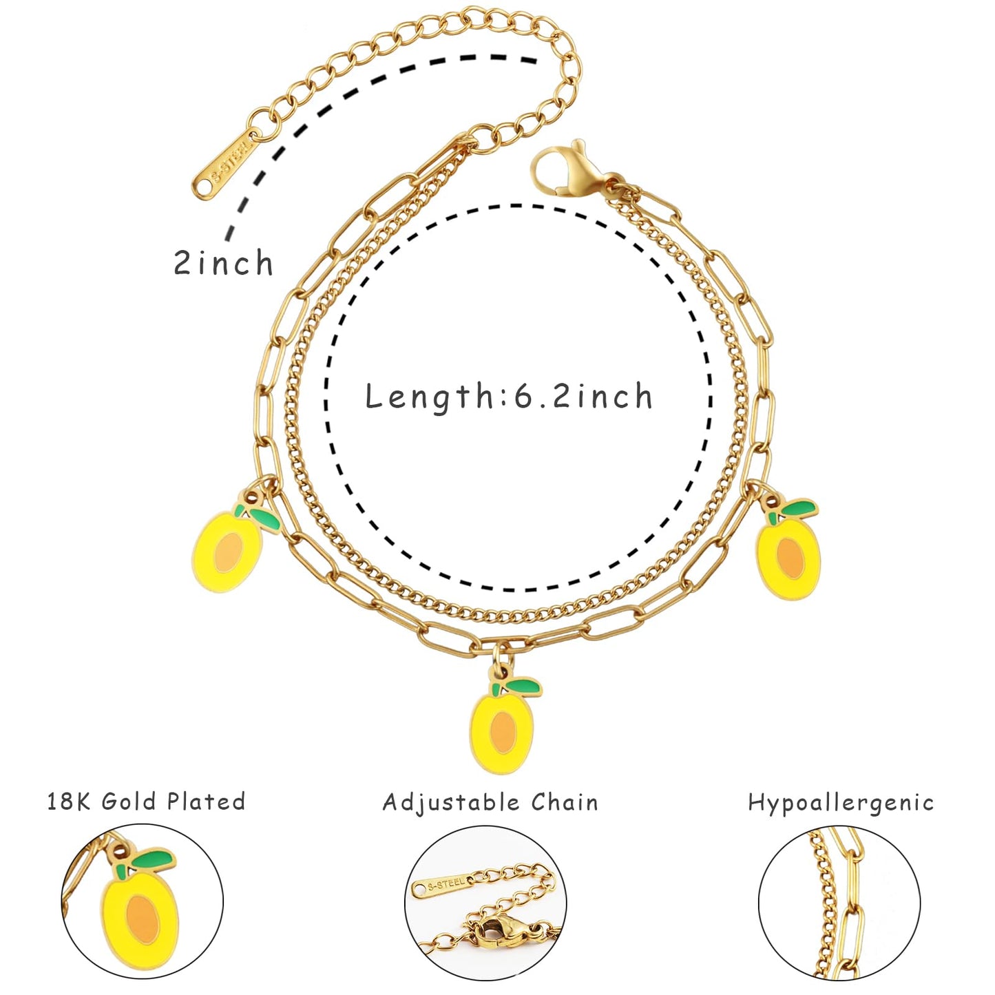 LCTrusttmor Gahna Mango Bracelets for Women, 18K Gold Plated Mango Fruit Charms with Adjustable Layered Chain Link for Women Summer Jewelry Gifts