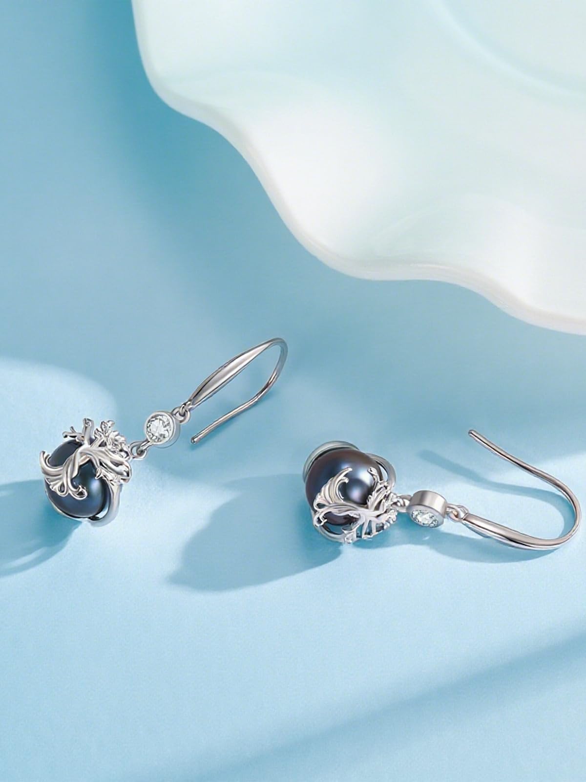 KANNSOAR Tree of Life Tahitian Black Pearl Drop Earrings, 9mm Pearl, 18K White Gold Plated Sterling Silver with Zircon Tahitian Jewelry Gift for Women Wife Mom Girlfriend Her