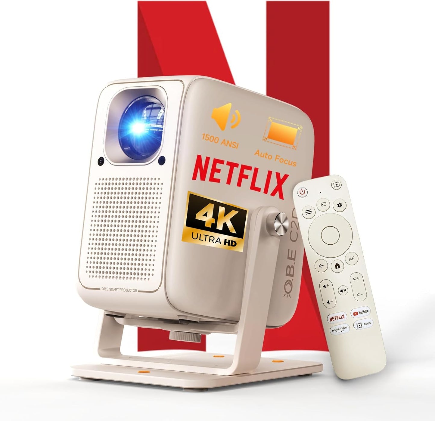 4K Projector [1500 ANSI/ Official-NetfIix] OBE Smart Projector with WiFi 6 & 5.3 Bluetooth, TOF Real-Time Focus Keystone, Portable Projector with Prime Video/ YouTube, 200" Display, HDR 10, 180° Stand