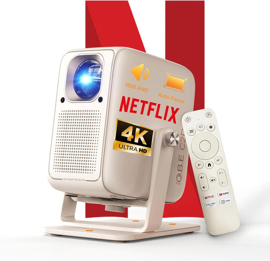 4K Projector [1500 ANSI/ Official-NetfIix] OBE Smart Projector with WiFi 6 & 5.3 Bluetooth, TOF Real-Time Focus Keystone, Portable Projector with Prime Video/ YouTube, 200" Display, HDR 10, 180° Stand