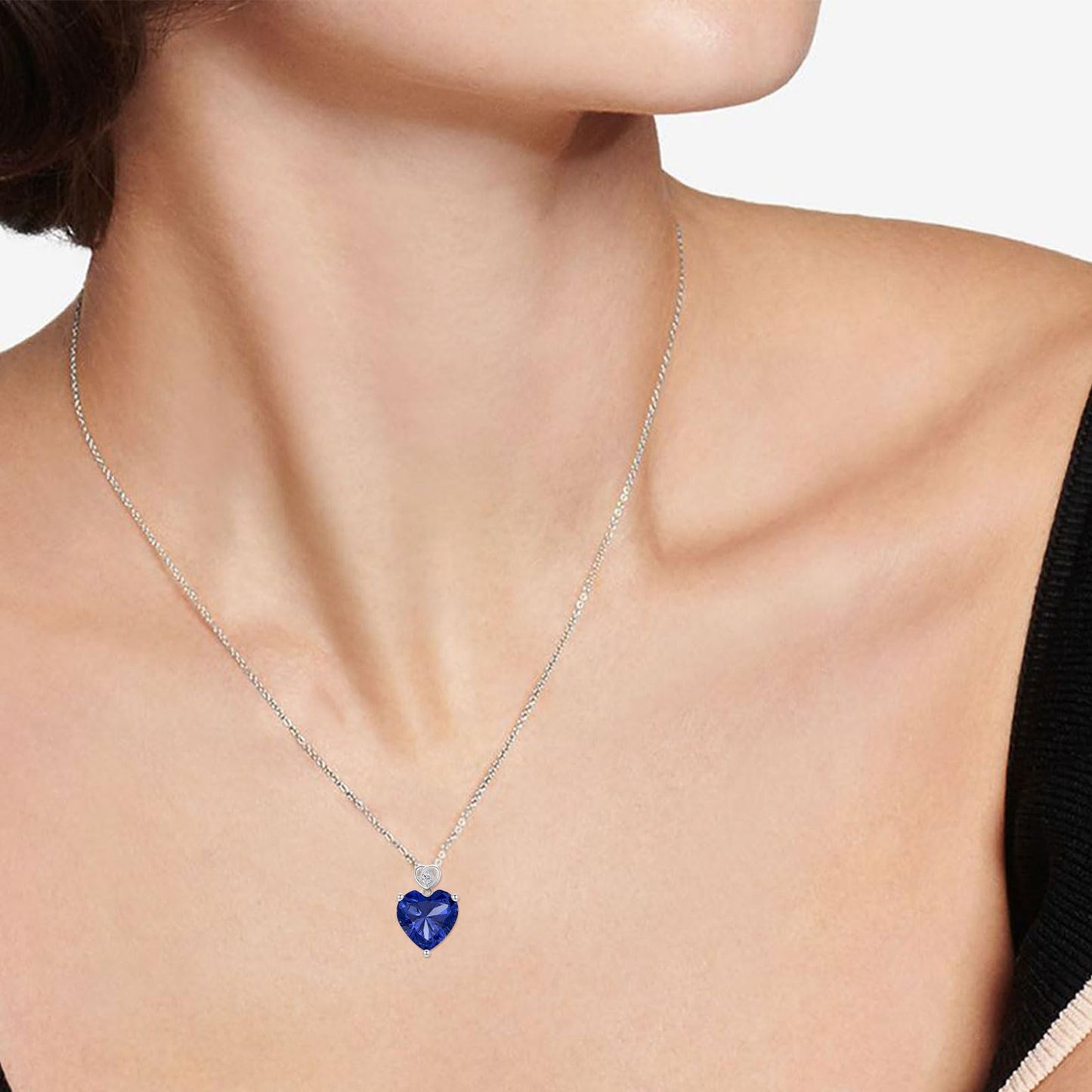 NFYBD 14k White Gold Love Heart Blue Sapphire Birthstone Pendant Necklace for Women 3 Carat Heart-cut Created Gemstone Anniversary Birthday Mother's Day Necklaces for Her-sept