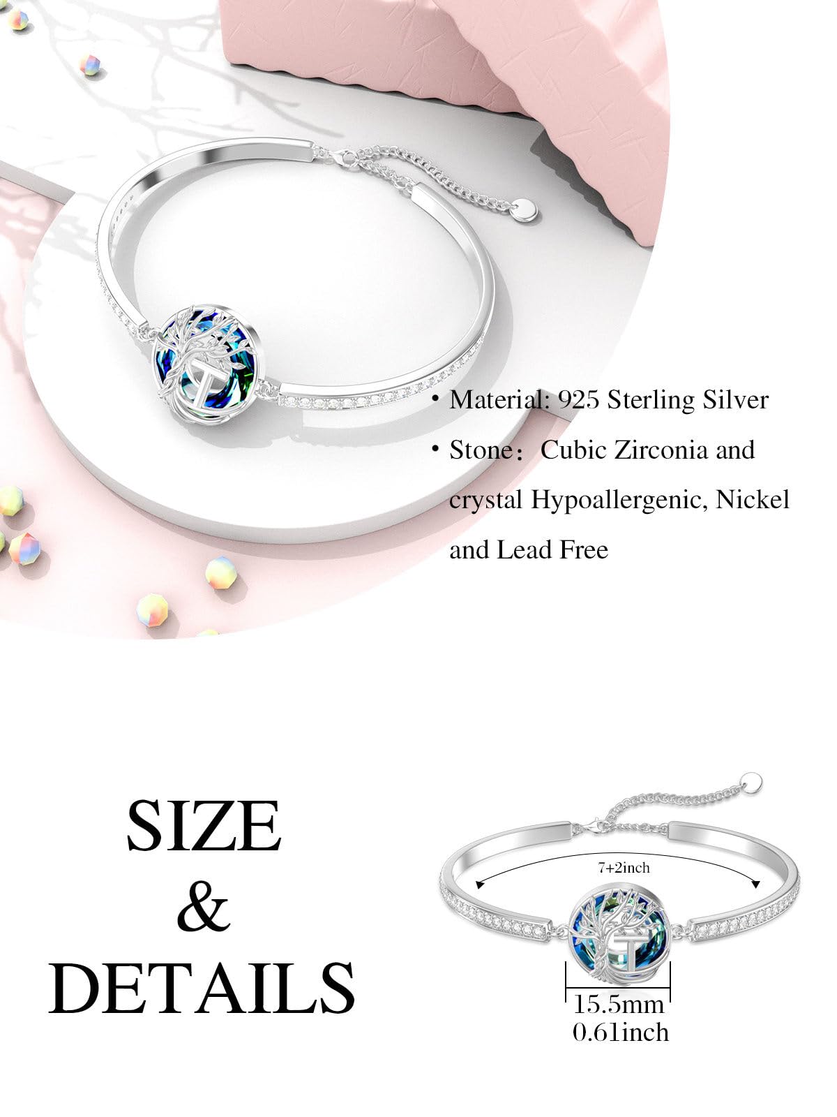 TOUPOP Tree of Life Bracelet Sterling Silver Initial T Letter Bangle Bracelet Family Tree Blue Crystal Jewelry Mothers Day Birthday Gifts for Women Mom Wife